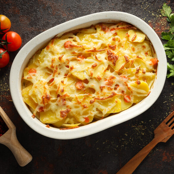 <a href="https://www.freepik.com/free-photo/concept-tasty-delicious-homemade-food-potato-casserole_314256896.htm#fromView=search&page=1&position=2&uuid=817a2c47-3e51-4217-98bf-5751e91c9587&query=pe%C4%8Den%C3%A9+zemiakym+so+syrom">Image by atlascompany on Freepik</a> pečené zemiaky s balkánskym syrom, Pečené zemiaky s balkánskym syrom – príloha aj hlavné jedlo